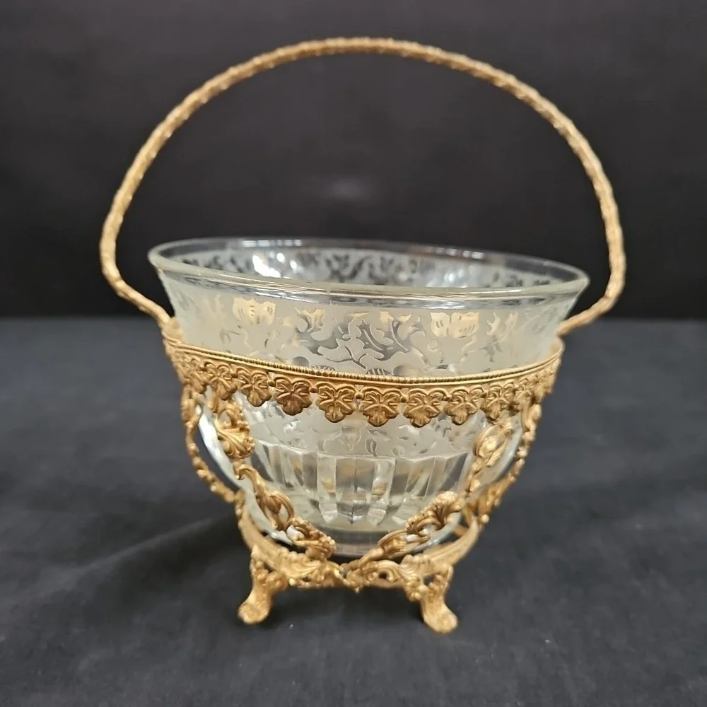 Vintage Gold‎ Plated Basket Holder and Decorative Glass Bowl 4 3/4